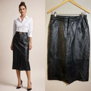 MODA A'PARTENIA VINTAGE BLACK LEATHER MIDI SKIRT.size 40 EU